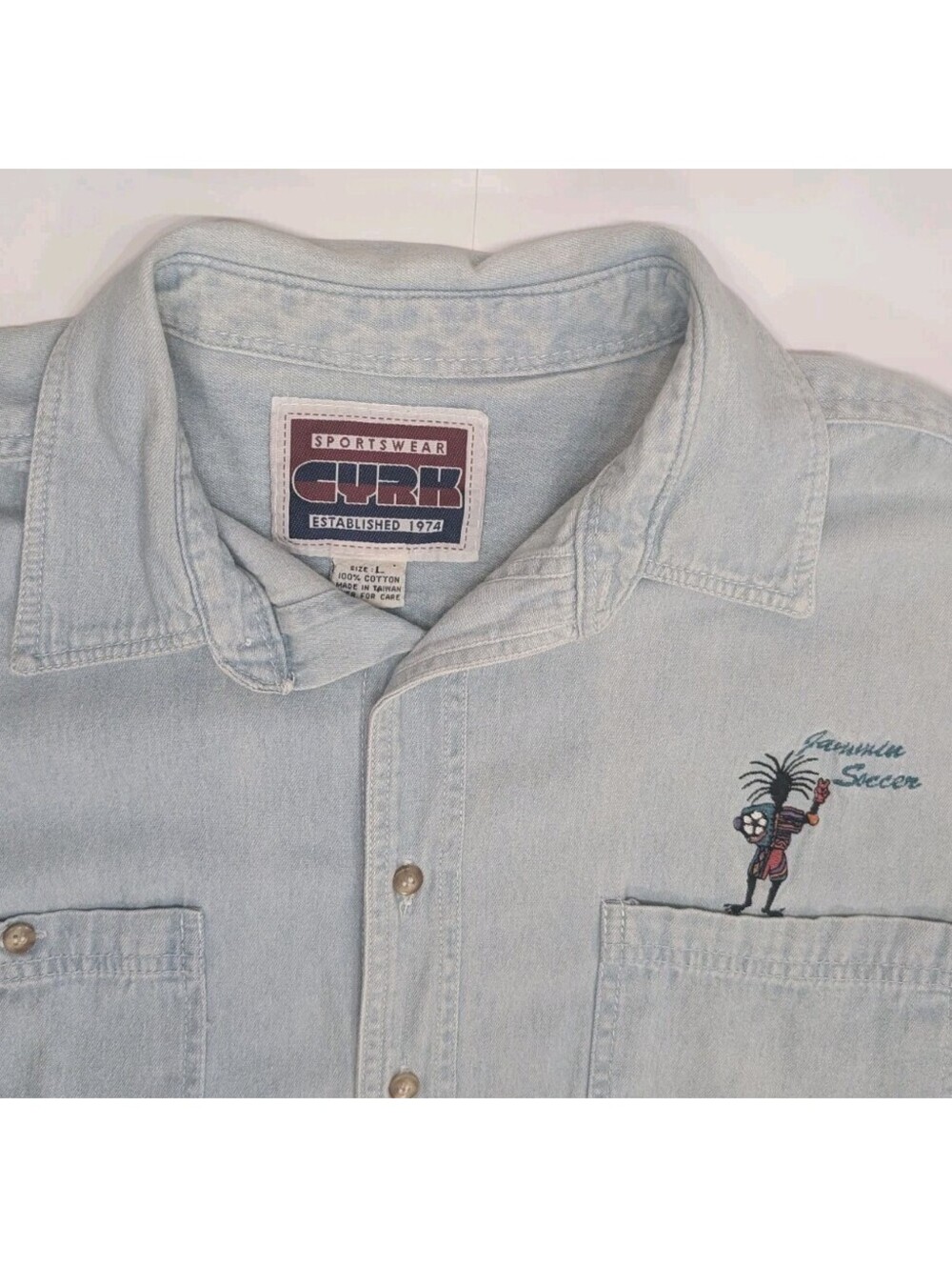 Insane Vintage 80s Cryk Chambray Shirt Mens L Long Sleeve Rasta Jammin Soccer - Picture 6 of 16